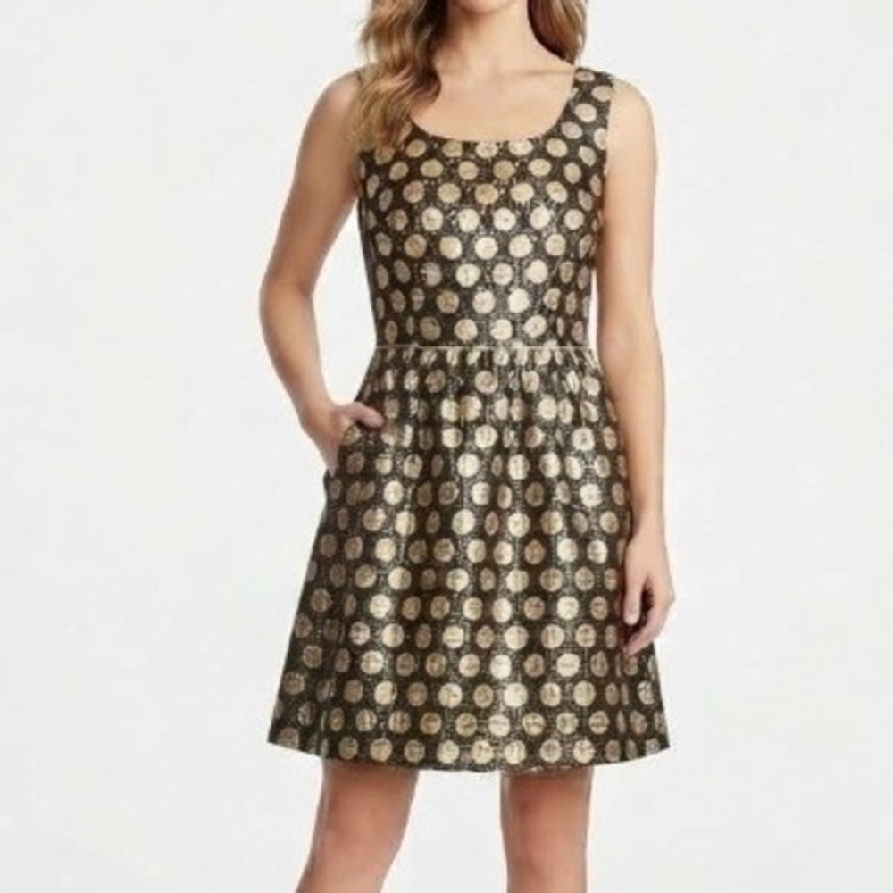 Modcloth Metallic Polka Dot A-Line Dress Women's Large Black Gold Festive Glam